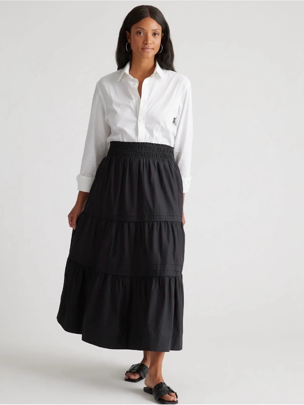 Quince Organic Cotton Poplin Tiered Maxi Skirt – Black XS Regular - Like New - Picture 7 of 9